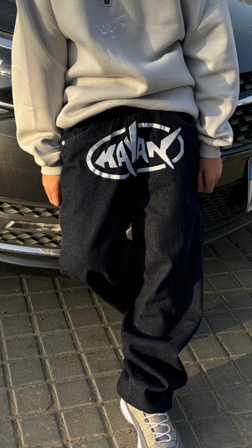 Kayaan Indigo Logo Jeans — Wide Leg Denim